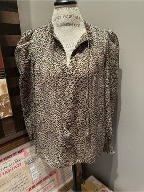 CeCe Leopard Print Long-Sleeve Blouse in Tan and Black